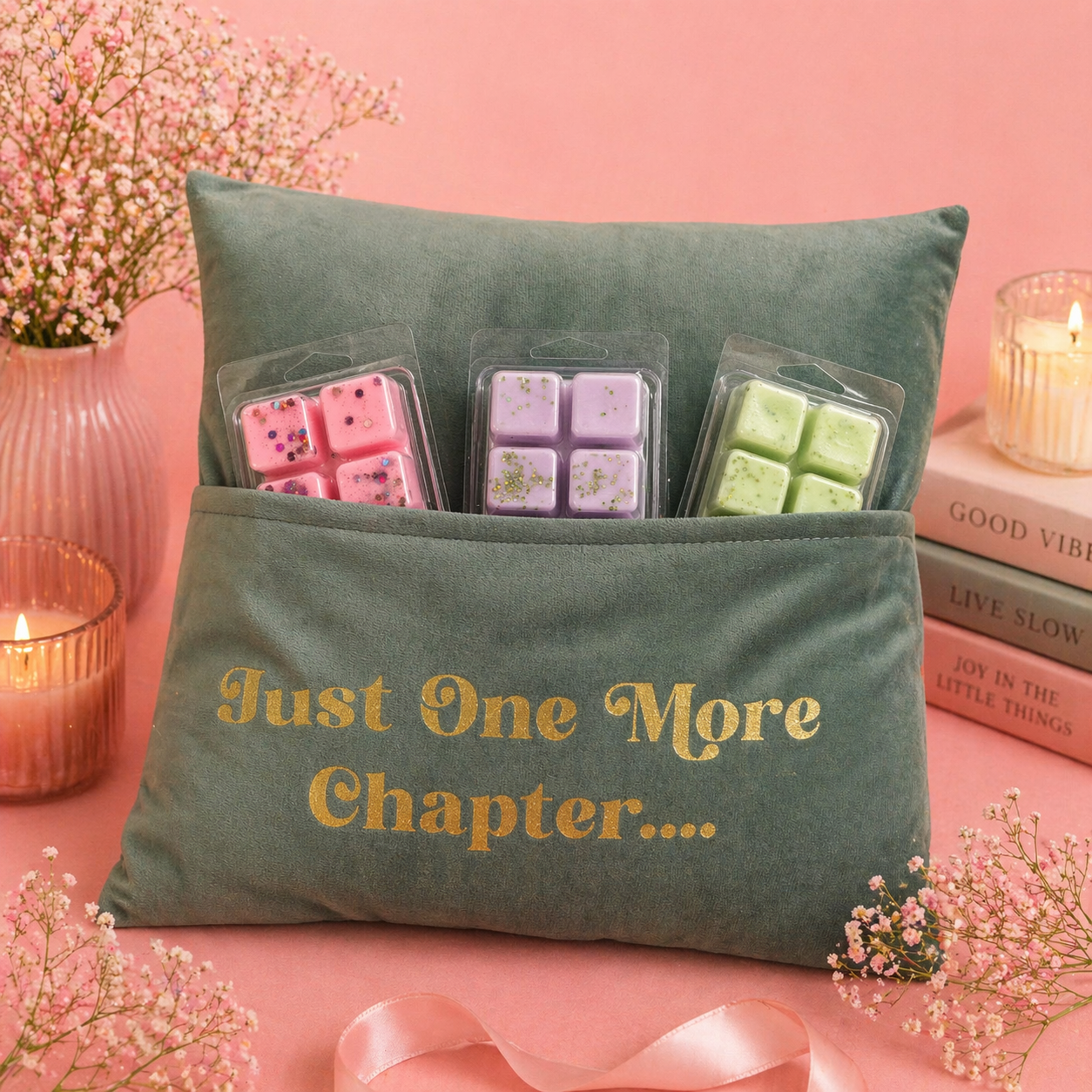 ☁️ Cojín “JUST ONE MORE CHAPTER” + 480 gr melts